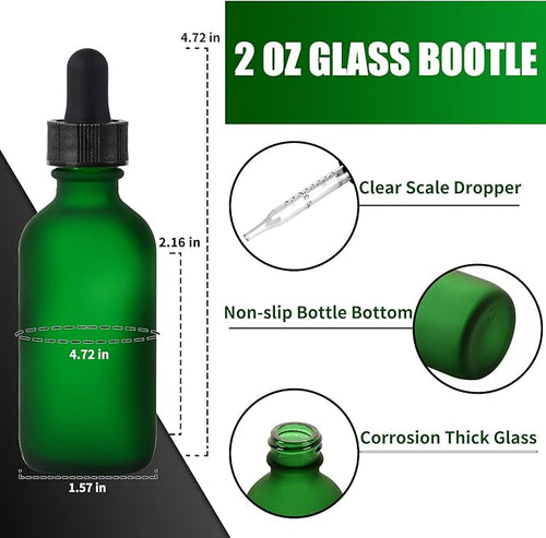 12 Pcs, 2oz Glass Dropper Bottle, Leakproof Tincture Bottles with Dropper, Green Reusable Eye Dropper Bottle, Preety Frosted Texture, for All Kinds of Liquids (Green-Frosted, 2oz-12pcs)