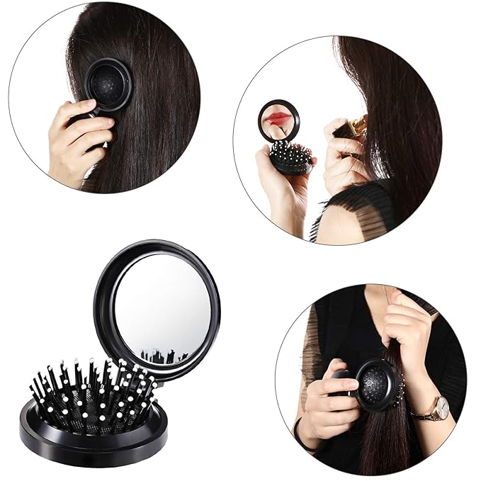 Boao 2 Pack Foldable Travel Mirror Hair Brushes Round Portable Folding Pocket Hair Brush Mini Comb Compact Travel Size Massage Comb for Men Women (Black, Purple)