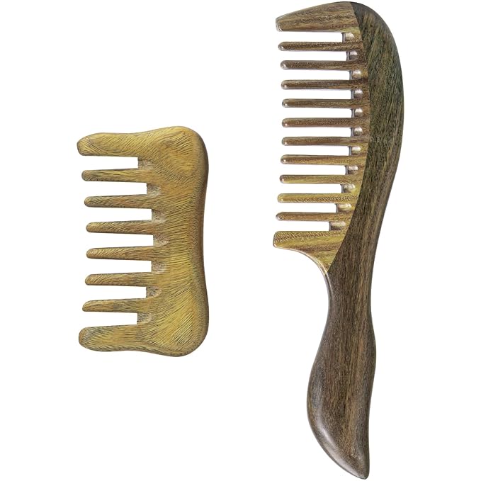 Hair Comb Wooden Wide Tooth Combs for Curly, 2 Pcs Detangling Natural Sandalwood Combs for Women and Men, Detangles Wet or Dry, Thin, Thick, Wavy or Straight Hair, Scalp Massager, Anti-static