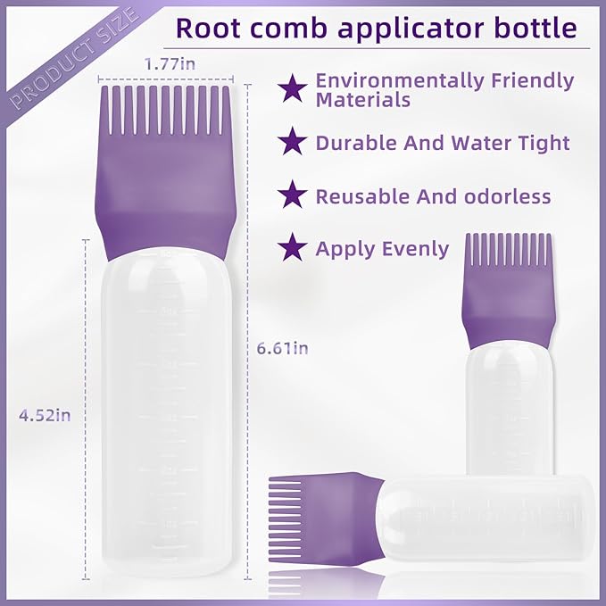 BLAAROOM Root Comb Applicator Bottle 6 Ounce, 4 Pack Hair Oil Applicator with Root Comb Brush - Dark Purple