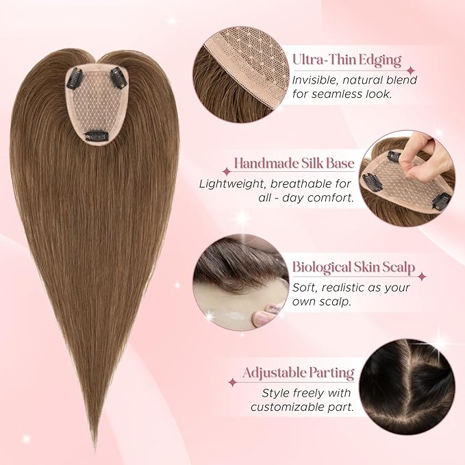 Real Human Hair Toppers for Women 3.54"*4.72" Silky Base 150% Density No Bangs Adjustable Parting Clip-In Topper Hairpieces for Women with Thinning Hair 12 Inches Medium Brown