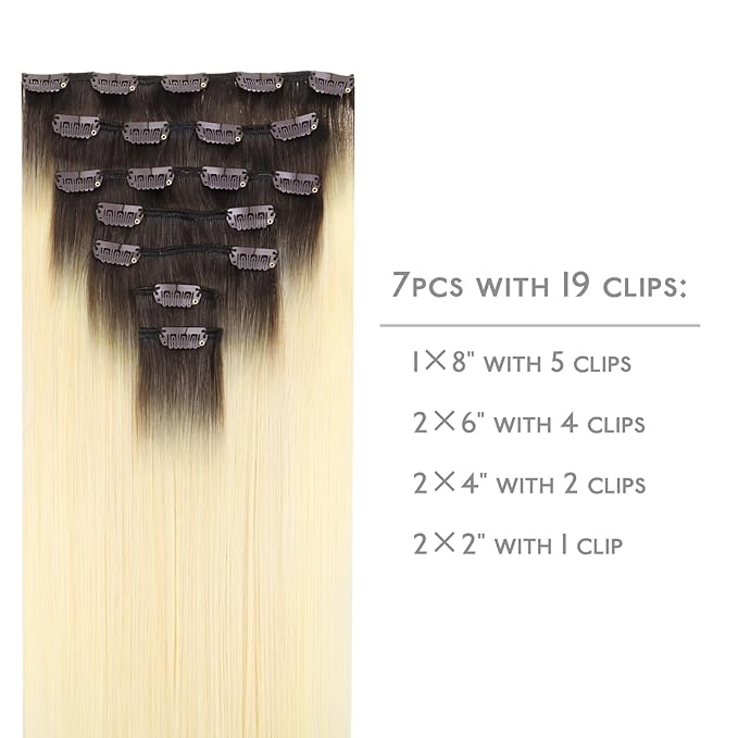WENNALIFE Clip in Hair Extensions, 18 Inch 120g 7pcs Clip in Hair Extensions Real Human Hair, Ombre Light Dark Brown to Platinum Blonde Remy Hair