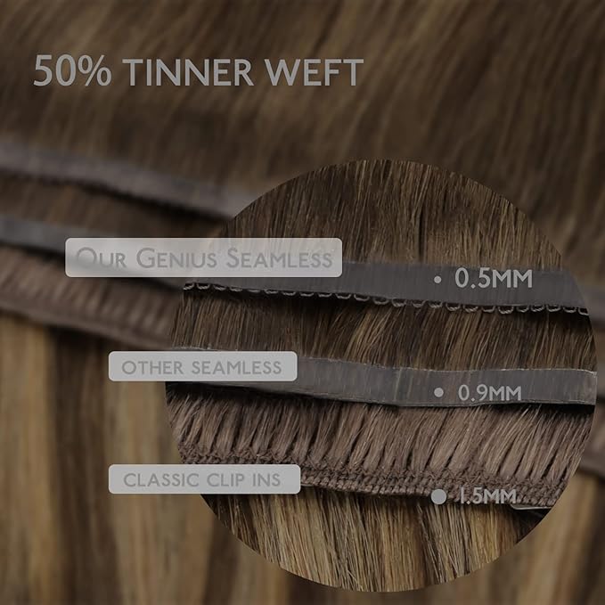 WENNALIFE Lace Seamless Clip in Hair Extensions Human Hair 7pcs Ultra Invisible 50% Thinner Seamless Clip Ins Balayage Chocolate Brown to Caramel Blonde Natural Remy Hair 16 inch