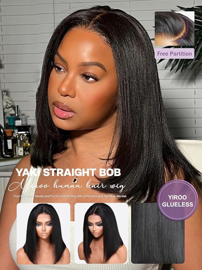 YIROO Yaki Straight Bob Human Hair Drawstring Wigs Pre Cut 7x5 HD Lace Front Wig Bye Bye Knots Glueless Yaki Short Bob Human Hair Wigs Pre Plucked Invisible Knots 150% Density Ready to Go 10Inch