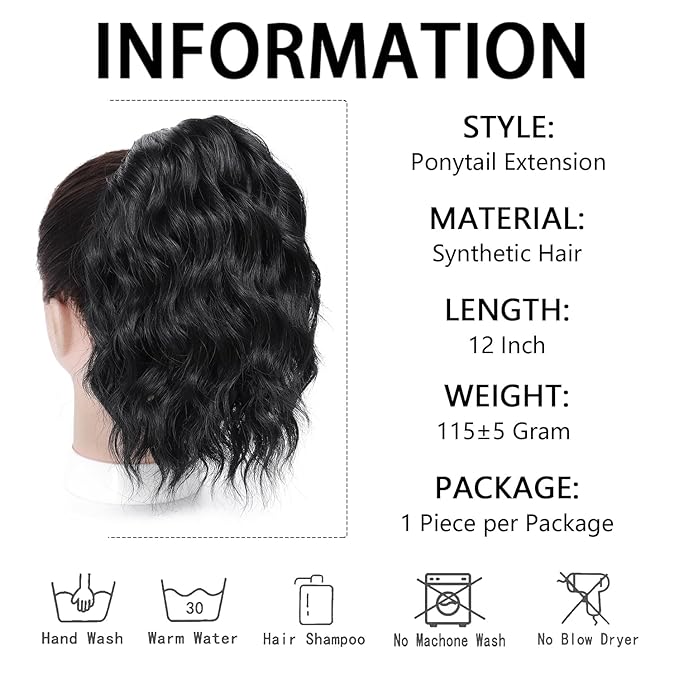 Ponytail Extension,12 Inch Drawstring Ponytail Hair Extensions for Women Synthetic Curly Wavy Fake Pony Tails Hair Pieces for Daily Party Use (1B)