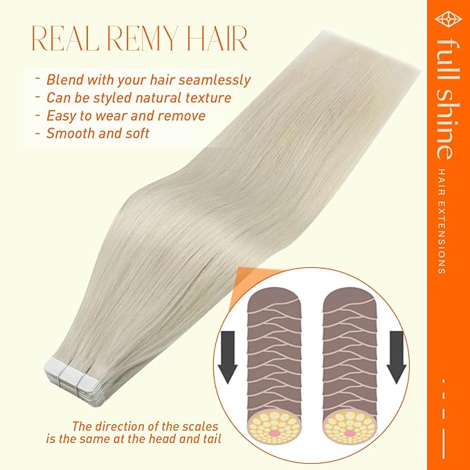 Full Shine 24 Inch Tape in Hair Extensions Human Hair Color 1000 Blonde Long Hair Tape in Extensions Add Length 40 PCS 100 Grams Seamless Hair Extensions for Wedding