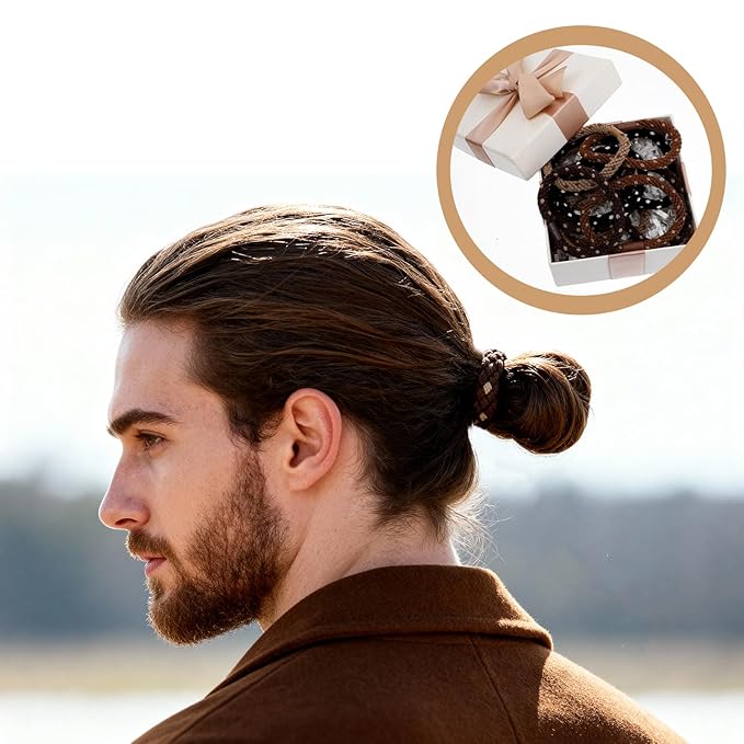 12PCS Braided Hair Ties for Men, No Crease No Slip Grip Elastic Bands, Strong Hold Ponytail & Beard Bands for Thick Curly Hair, Damage-Free Design for Sports, Workout, Daily Use