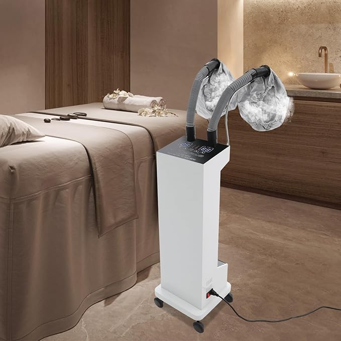 Professional Double-Barreled Hair Steamer with LED Display, 650W Vertical Micro Mist Hair Color Processor for SPA, Salon & Home, Hair Care Machine with Wheels, 5 Modes (White)