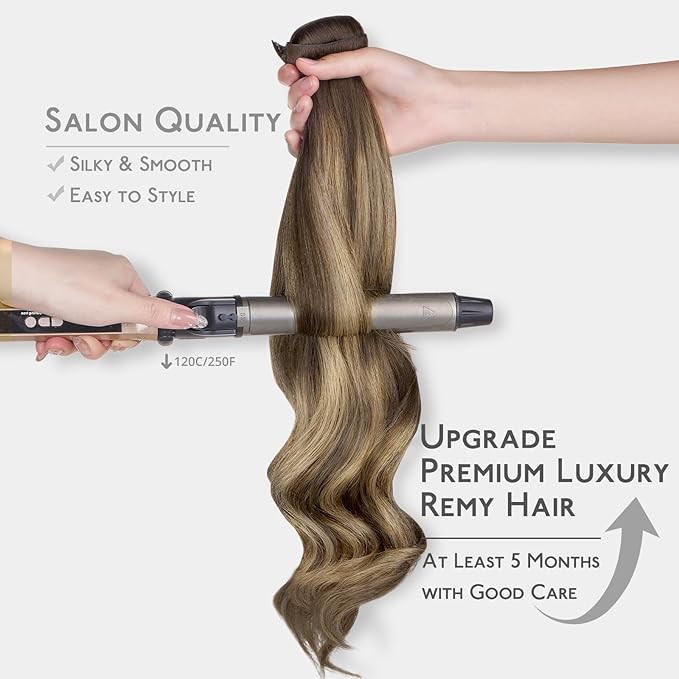 WENNALIFE Invisi Edge & Classic Seamless Clip in Hair Extensions Real Human Hair, 18 Inch 130 7pcs Balayage Chocolate Brown to Caramel Blonde Hair Extensions for Women Invisible Straight Injection