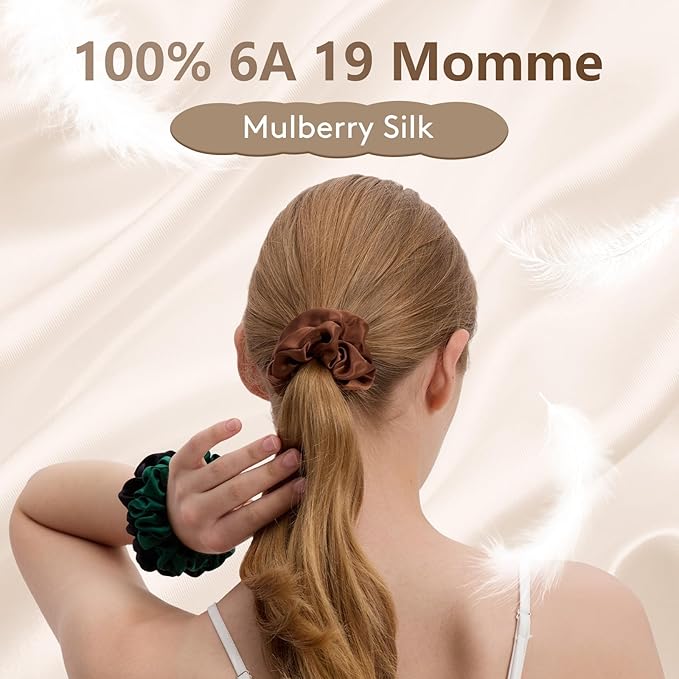 3 Pcs Silk Hair Ties, 22 Momme 100% Mulberry Hair Band, Silk Scrunchies for Women and Girls, 6A Grade No Damage Ponytail Holders (1.2in Width, Brown)