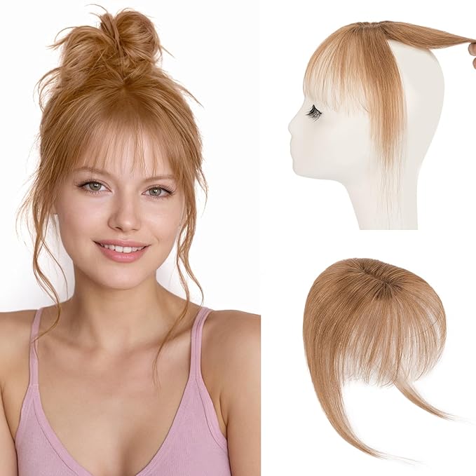 Hairro Clip On Bangs Human Hair Bangs Hair Clip In Bangs 3D 360°Cover Topper With Bangs Wispy Air Bangs Hair Pieces Fake Bangs For Women 8 Inches 10g #06 Light Brown