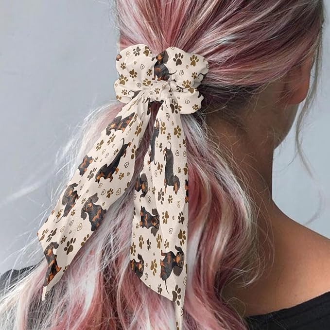 Dachshund Cute Hair Scrunchies with Ribbon 2 Pcs Paw Print Knotted Bow Satin Scarf Scrunchy Travel Accessory Animal Bow Hair Ties for Girls