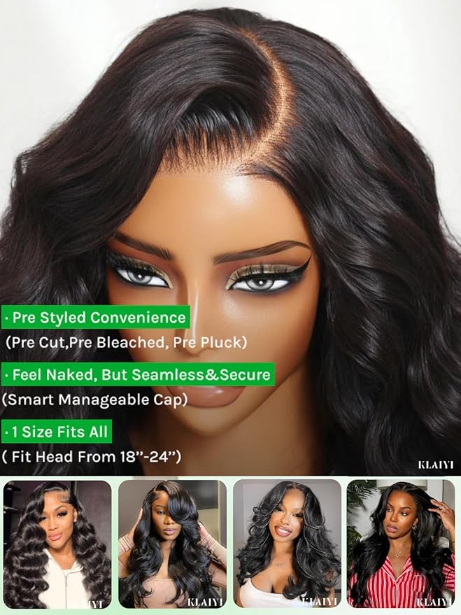 KLAIYI Loose Body Wave Pre Everything Glueless 13x4Lace Front Wig Human Hair Drawstring Precut Lace Pre Plucked Bleached Bye Bye Knots 3S Ready to Wear and Go Wig with Face Framing Curtain Bang 18Inch
