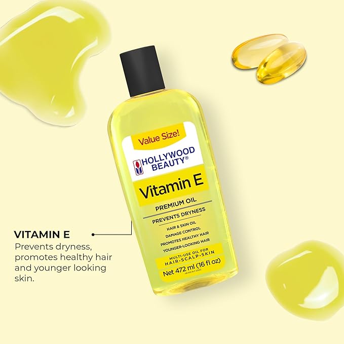 Hollywood Beauty Vitamin E Oil for Hair, Scalp, and Skin, VALUE SIZE 16 fl oz - Prevents Dryness and Helps Repair Damage