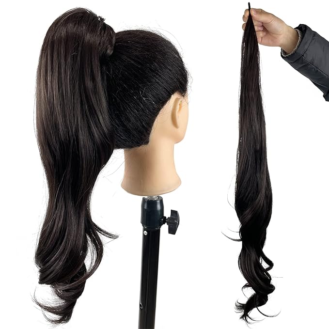 Chicmoi Dark Brown Ponytail Extainson 32 Inch Flexible Wrap Around Ponytail Hair Extension Color 4 Long Wavy Pony Tails hair Extension 4# Synthetic Hairpieces For Women and Girls