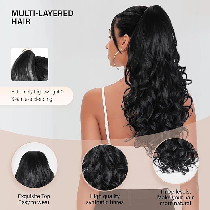 24 Inch Black Ponytail Extension, Layered Pony Tail Clip on Hair Extension, Soft Wavy Claw Clip in Ponytail Extension, Natural Synthetic Hair Pieces for Women (Color: Black)