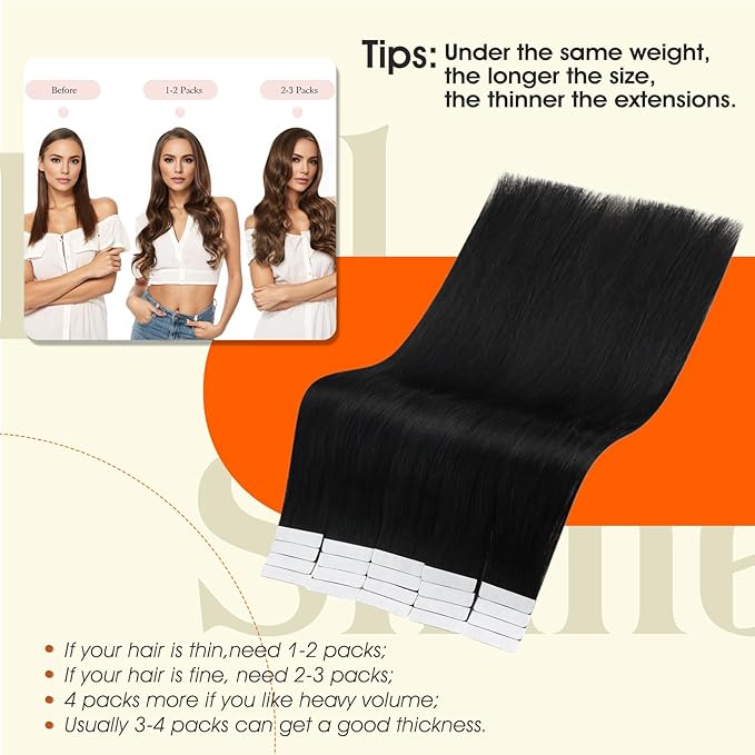 Full Shine Tape in Hair Extensions Human Hair 18Inch Seamless Skin Weft Pu Tape ins Human Hair Extensions Color 1B Off Black Hair Extension Real Human Hair 20Pcs 50G Invisible Remy Hair