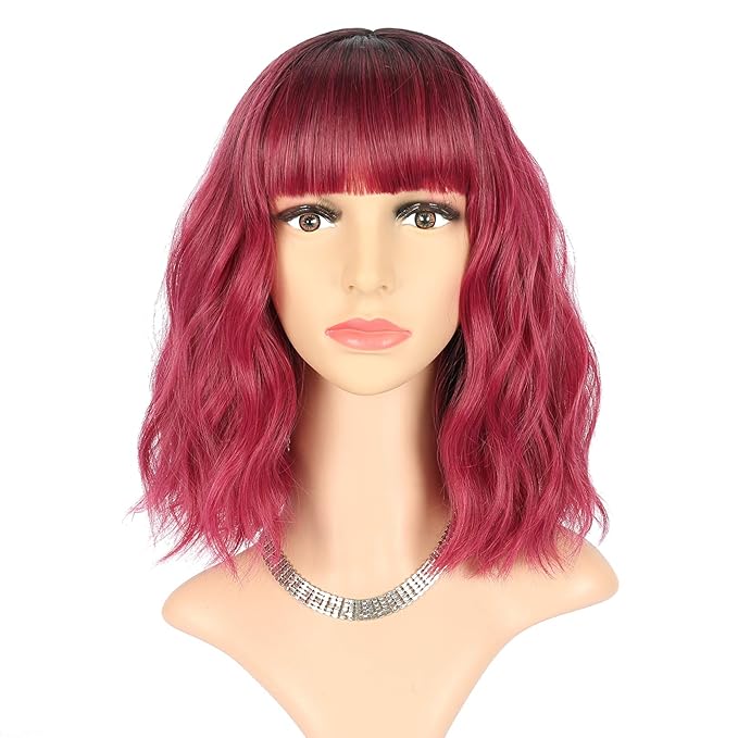 FAELBATY Short Wave Bob pink Wig With Bangs Synthetic Ombre Pink Cosplay Wig for women Halloween Wig Costume Wigs (12" Ombre Dark Red Color)