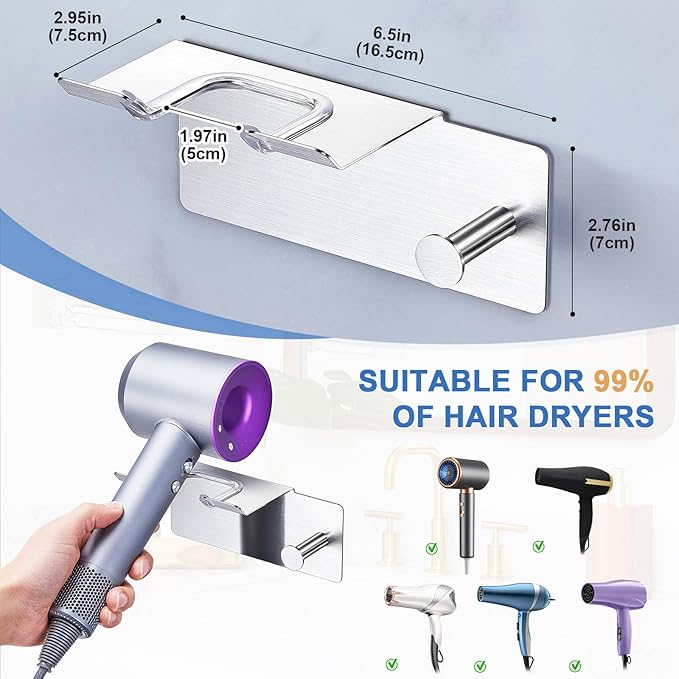 Hair Dryer Holder Wall Mounted, Blow Dryer Holder Adhesive, Metal Hairdryer Holder for Bathroom, Hair Tool Organizer with Plug&Cord for Cabinet Bathroom Bedroom Barber Shops