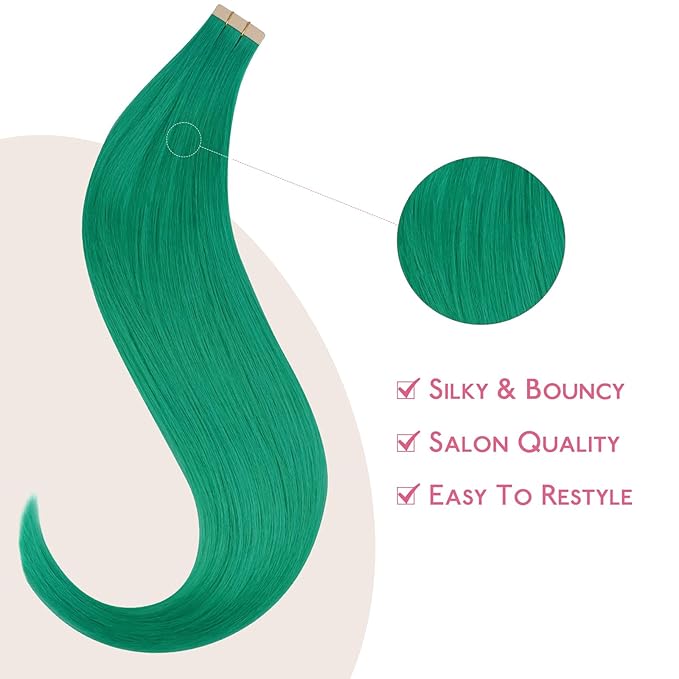 WENNALIFE Tape in Hair Extensions Human Hair Green Tape in Extensions, 10pcs 25g 18 inch Remy Invisible Tape Ins Straight Colored Soft Real Human Hair Tape in Extensions Refill Set Extensions