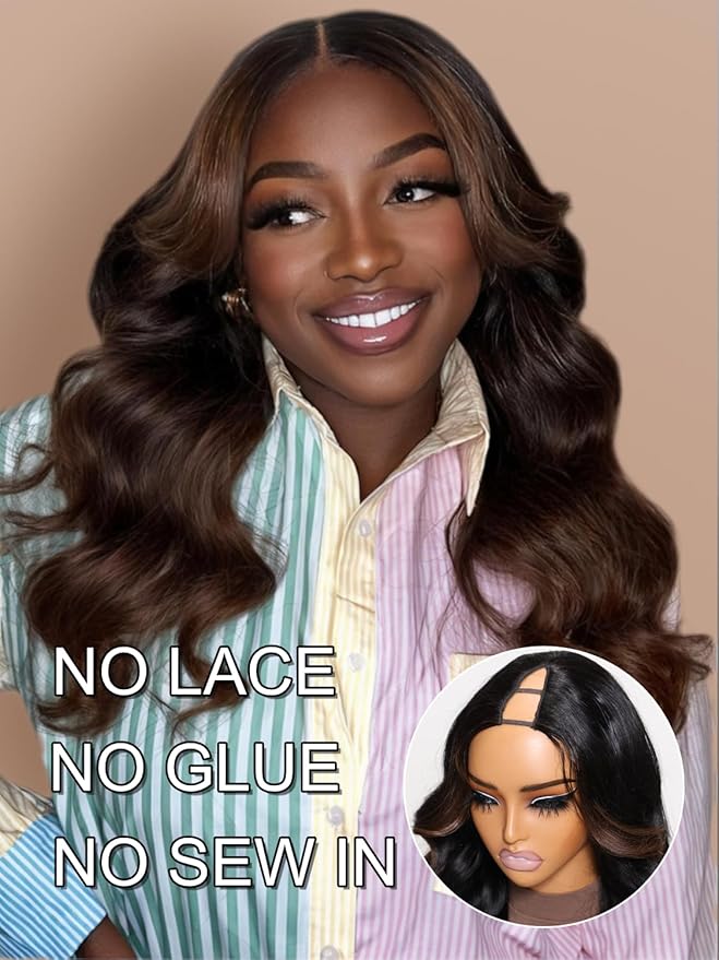 YIROO V Part Wig Human Hair Highlight Chestnut Brown Ombre Body Wave Human Hair Wig No Leave Out 12A Glueless Upgrade U Part Wigs Clip in Half Wig No Glue No Sew Beginner Friendly 150% Density 18inch