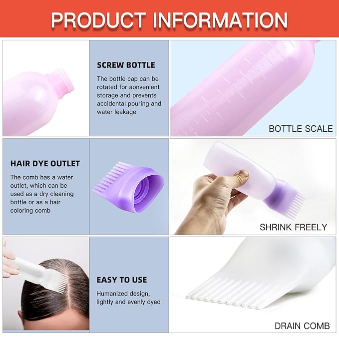 Root Comb Applicator Bottle, 6 Ounce, Hair Oiling Applicator with Graduated Scale (2 Pack+20 PCS Disposable Shower Caps, Pink)