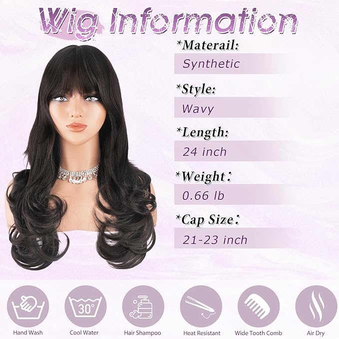Haloo Brown Wigs with Bangs Long Wavy Layered Haircut Natural Looking Fluffy Synthetic Heat Resistant Hair Wig for Women Daily Party, 24 Inch Dark Brown