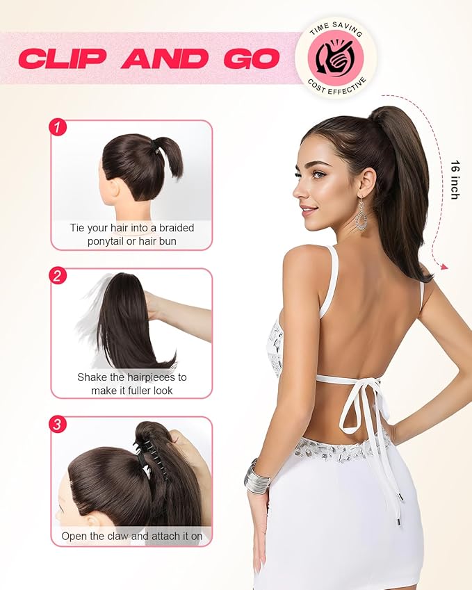 Ponytail Extension – 16” Claw Clip in Ponytail Hair Extensions Natural Soft Synthetic High Pony Tail Hairpieces for Women (Strawberry Blonde, 16 inch)