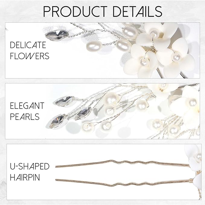 8Pcs Gold Bridal Wedding Hair Pins,White Flower Leaf Hair Piece Pearl Rhinestone Hair Clips,Hair Accessories for Women Brides Bridesmaid