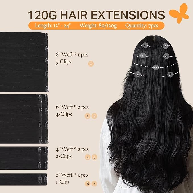 DOORES Human Hair Extensions Clip in, Jet Black 24 Inch 120g 7pcs, Remy Clip in Hair Extensions Natural Straight Weft for Women