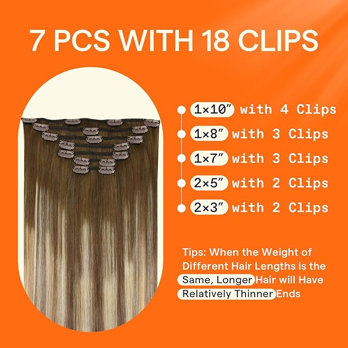 Full Shine Clip in Hair Extensions for Extra Long Real Remy Human Hair 22 Inch Brown Ombre Blonde Remy Hair Extensions Clip ins Straight Natural Hair Double Weft 7 Pcs 120 G