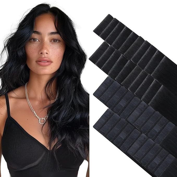 GOO GOO Invisi Edge Tape in Hair Extensions Human Hair, 1 Jet black 20pcs injected with 20pcs classical tape ins, 16inch 100g, Virgin Remy Hair, Natural Look