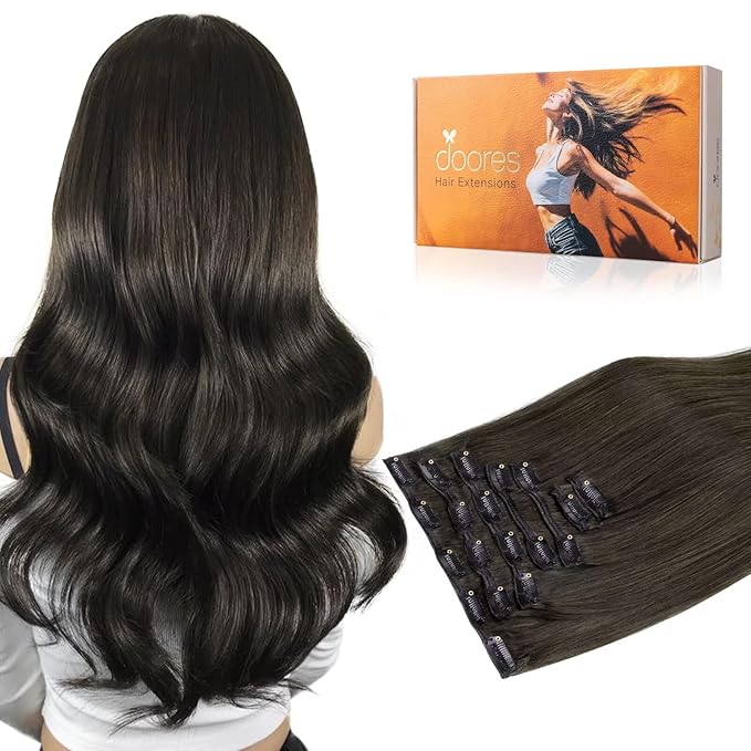 DOORES Mocha Brown Clip-In Remy Hair Extensions, 14-Inch 7pcs 100g, Thick Silky Straight Human Hair Extensions