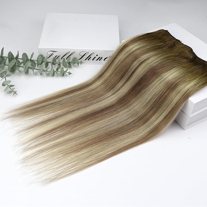 Full Shine Clip in Hair Extensions Balayage Seamless Human Hair Clip in Dark Brown to Ash Brown Mix Medium Blonde Real Hair Extension Lace Weft 16 Inch 3 PCS 60 G