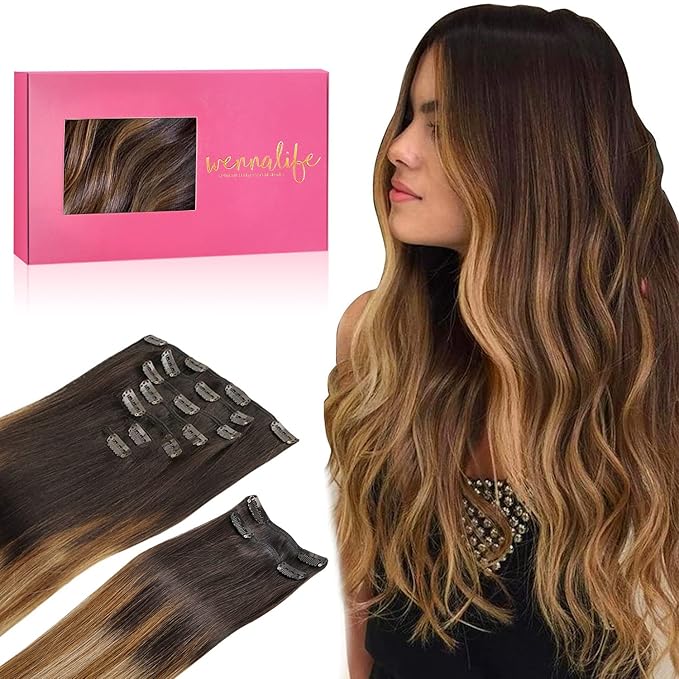 WENNALIFE Clip in Hair Extensions, 150g 20 Inch 9pcs Highlight Dark Brown to Chestnut Brown and Dirty Blonde Human Hair Extensions Thicker Real Human Hair Clip Set Double Weft