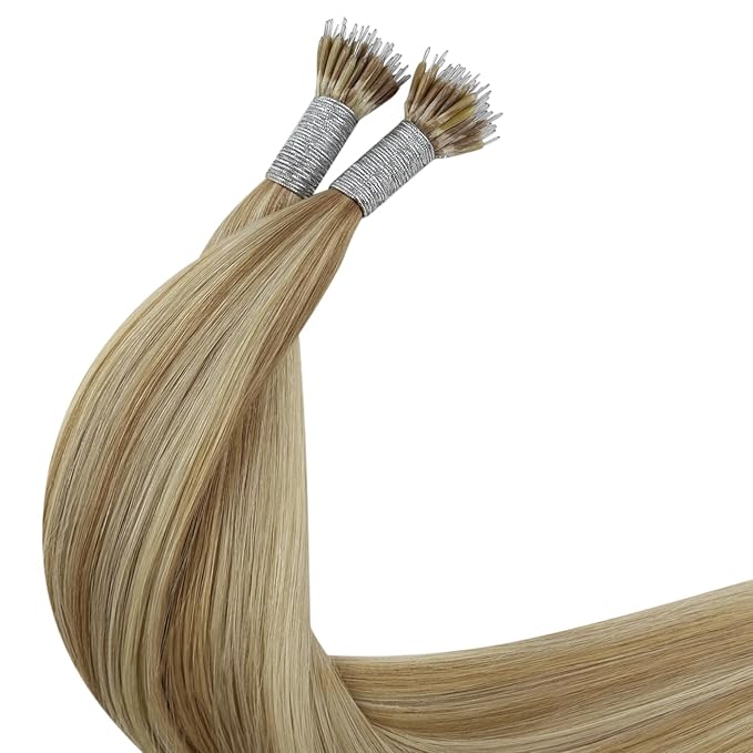 YoungSee Nano Ring Hair Extensions Blonde Nano Extensions Human Hair Warm Ash Blonde Highlights Bleach Blond Nanobead Hair Extension Human Hair 22 Inch Long Hair Nano-Tip Extension Cold Fusion 50s 50g