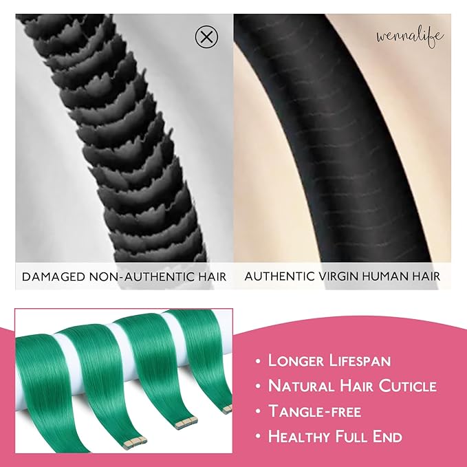 WENNALIFE Tape in Hair Extensions Human Hair Green Tape in Extensions, 10pcs 30g 24 inch Remy Invisible Tape Ins Straight Colored Soft Real Human Hair Tape in Extensions Refill Set Extensions