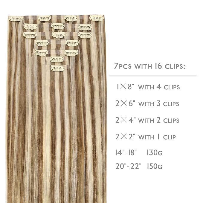 WENNALIFE Seamless Clip In Hair Extensions, 20 Inch 7pcs 150g Ash Brown Highlighted Golden Blonde Hair Extensions Clip In Real Human Hair Extensions Clip In Invisible PU Weft Human Hair Extensions