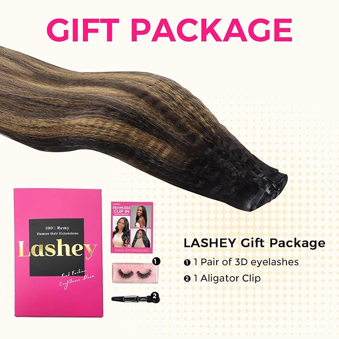 Lashey Seamless Clip in Hair Extensions Human Hair Kinky Straight 110g 7pcs 16 Inch Natural Black Mixed Chestnut Brown Clip in Hair Extensions with Soft PU Weft