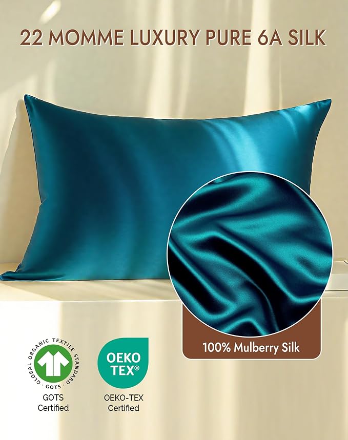 SilkSilky 100% Mulberry Silk Pillowcase - Pure 22 Momme High-Grade 6A Fibers for Hair & Skin, Envelope Closure, Natural, Organic, Breathable & Cooling Pillow Case (Queen, Teal)