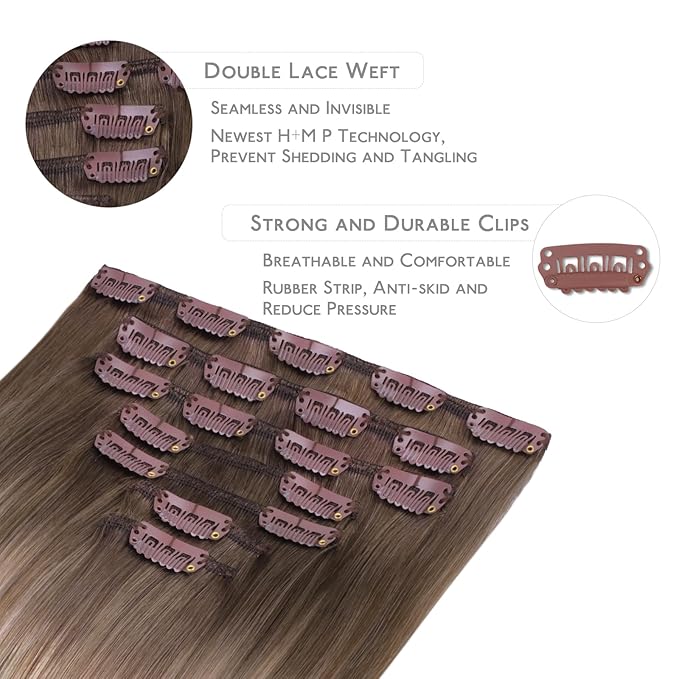 WENNALIFE Clip in Hair Extensions Real Human Hair, 22 Inch 120g 7pcs Balayage Sandy Brown to Platinum Blonde Remy Hair Natural Double Weft