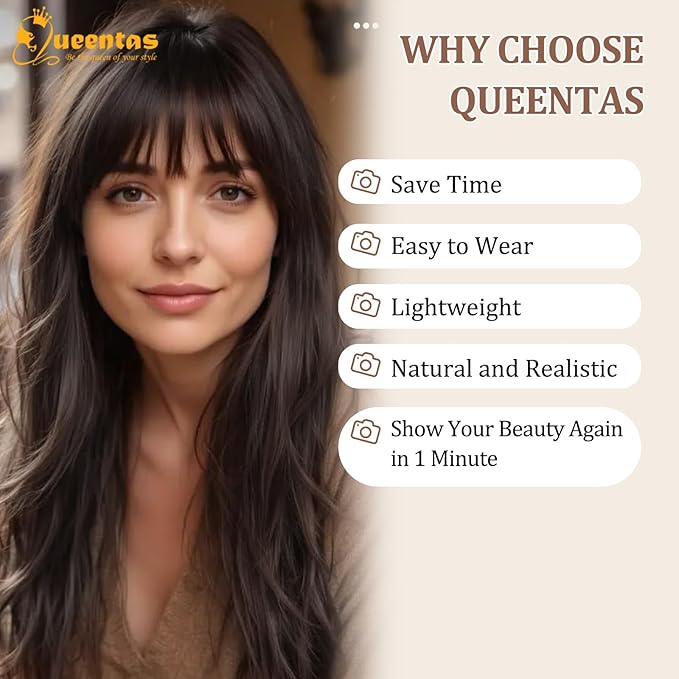 QUEENTAS 21" Curly Hair Topper for Women with Thinning Hair Daily Wear 360°3D Cover Up 6.5"*6" Fluffy Brown Body Wave Hair Pieces with Bangs(Dark Brown)