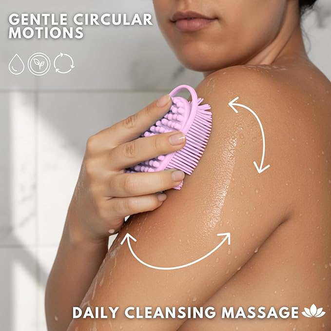 Silver Infused Silicone Body Scrubber Shower - Gentle Back Scrubber Soft Bristles - Avilana Premium Dual Sided Bath Brush Massage - Advanced Material Loofah Alternative - Gift Women Men