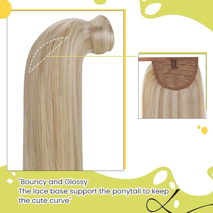 RUNATURE Ponytail Extension Human Hair Blonde 12 Inch 70g Short Real Hair Ponytail Extension Ash Blonde Highlight Bleach Blonde Human Hair Ponytail Straight Wrap Clip in Pony Tails Extension