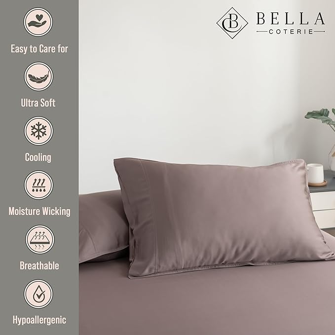 Bella Coterie | Luxury Bamboo Standard Size Pillowcase Set | 100% Organically Grown Bamboo Viscose | Ultra Soft | Cooling | 2 Pcs [Mocha]