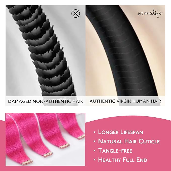 WENNALIFE Tape in Hair Extensions Human Hair Hot Pink Tape in Extensions, 10pcs 20g 12 inch Remy Invisible Tape Ins Straight Colored Soft Real Human Hair Tape in Extensions Refill Set Extensions