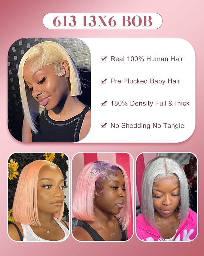 Alididi 613 Blonde Bob Wig Human Hair Straight 13x6 Transparent Lace Front Wigs Human Hair Pre Plucked Glueless Short Bob Wig human hair 180% Density 613 bob wigs for black women 10 Inch