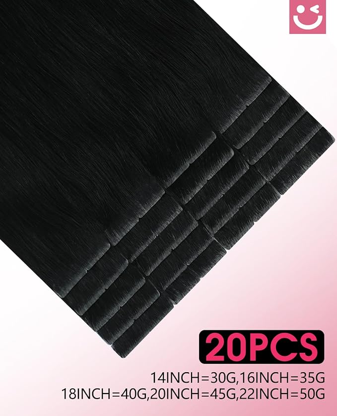 Youngsmile Injection Tape in Hair Extensions Real Human Hair, #1 Jet Black 20 Inch Invisible Edge Tape in Injected Hair Extensions, 20pcs 45g, Straight Remy Virgin Human Hair Tape ins (#1,20'')