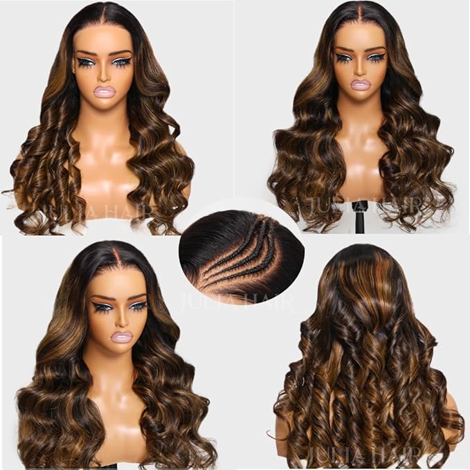 Julia Hair Bye Bye Knots Glueless Wig Highlight Balayage Brown Body Wave 7x5 Pre Cut HD Lace Front Wigs Human Hair Pre Plucked Bleached Knots Pre Everything Ready To Go Ombre Wig 26 Inch