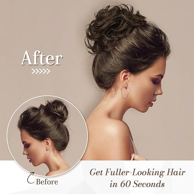 RUWISS Large Messy Bun Hair Piece 100% Human Hair Layered Wavy Curly Hair Buns Hair Piece for Women Thick Updo Hairpiece for Daily Wear Real Hair Scrunchies Medium Brown Ponytail Extension